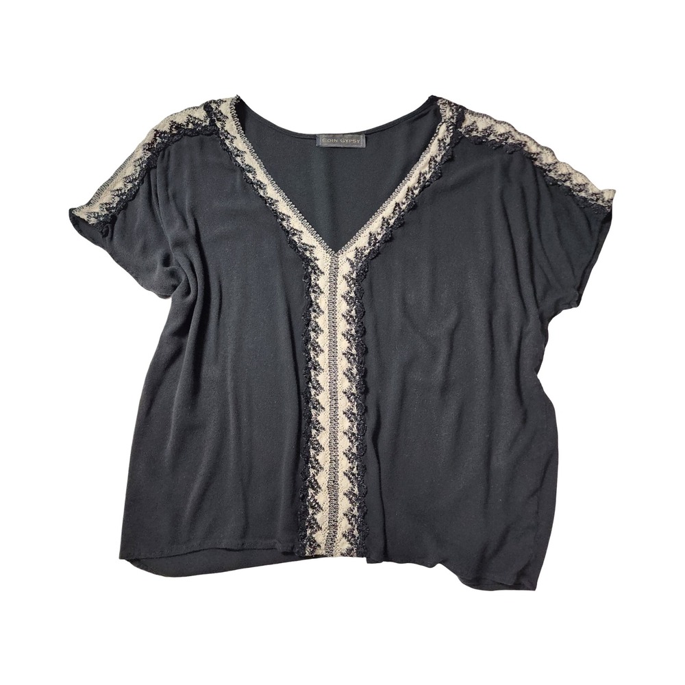 Coin Gypsy Women Black Boho V-Neck Crochet Lace Trim Rayon Top Size‎ M T2042